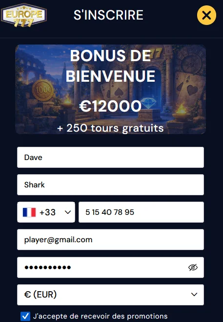 Formulaire d'inscription Europe777, bonus 12000€